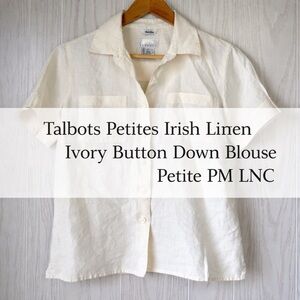 Talbots Petites Ivory Irish Linen Short Sleeve Button Down Blouse PM